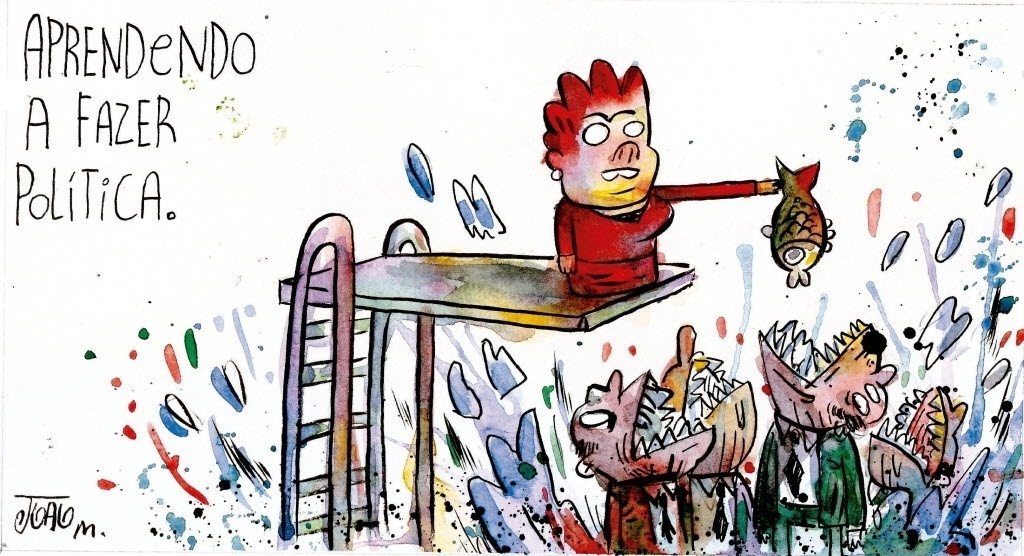 17.mar.2012 - A política nacional sempre foi tema de charges do jovem João Montanaro. Aqui, a brincadeira é com a presidente Dilma Rousseff e a história do "não basta dar o peixe, é preciso ensinar a pescar". - João Montanaro/Folhapress