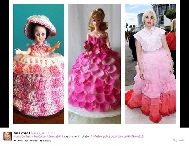 26.ago.2014 - Lena Dunham é comparada com bonecas de vestidos volumosos por causa de visual exibido no Emmy 2014. "Foi essa a inspiração dela?", brincou a usuária do Twitter que compartilhou a imagem