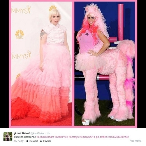 26.ago.2014 - Vestido rosa e volumoso de Lena Dunham é comparado com fantasia de cachorro por usuário do Twitter. "Não vejo diferença", brincou a pessoa que compartilhou a imagem