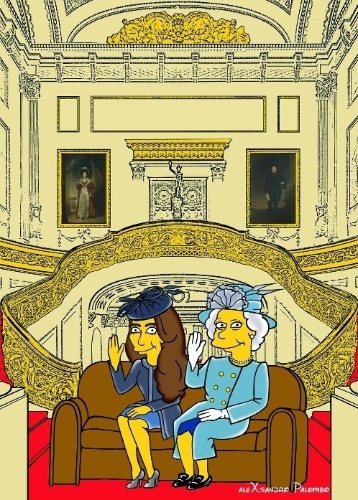 25.ago.2014 - Artista italiano AleXsandro Palombo transforma a Duquesa Kate Middleton e a Rainha Elizabeth em personagens da animação "Os Simpsons". Na ilustração, as duas aparecem sentadas no Palácio de Buckhingham