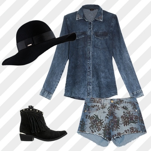 O look todo em jeans fica mais moderno com acessórios pretos - Divulgação