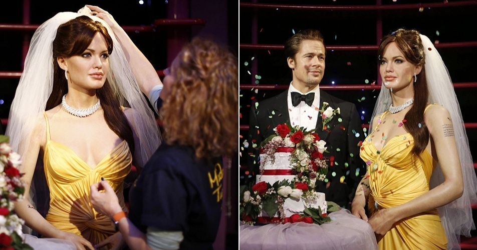 29.ago.2014 - Os bonecos de cera de Angelina Jolie e Brad Pitt no Madame Tussauds de Sydney, na Austrália, ganharam uma festa de casamento. O museu 