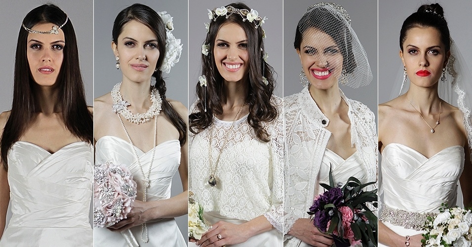 Variando os acessórios e com apenas um vestido, é possível criar diferentes estilos de noiva. A seguir, veja como o modelo tomara que caia com top pregueado da Black Tie se transformou em cinco visuais diferentes - Reinaldo Canato/UOL
