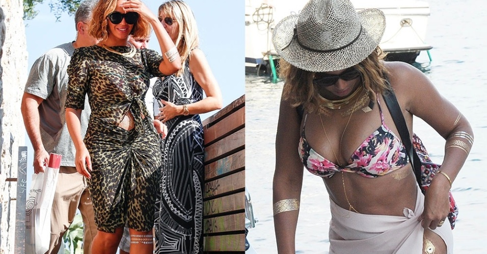10.set.2014 - Beyoncé investe nas tatuagens de ouro em looks de férias
