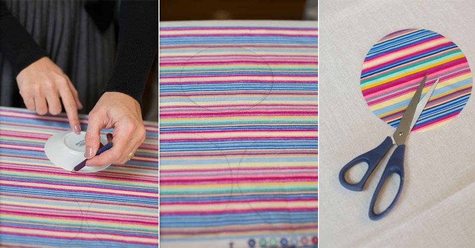 passo a passo de lembrancinha de aniversário com pote de papinha | O primeiro passo para fazer a lembrancinha é, sobre o tecido escolhido, colocar o pires e, com o lápis, contornar. Faça quantos círculos forem os potes de papinha que você cobrirá. Recorte-os - Leonardo Soares/UOL