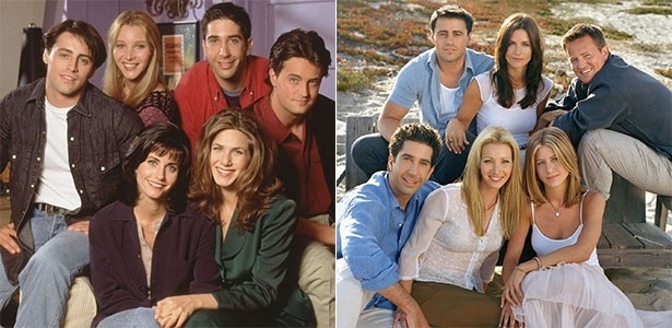 O elenco de "Friends" em 1994, ano de estreia (à esq), e em 2004, quando a série acabou