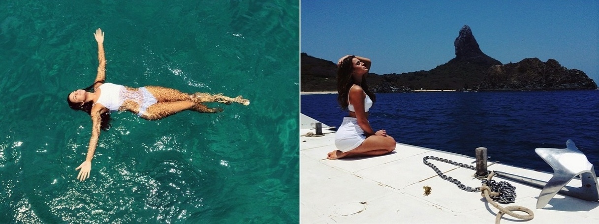 Em Fernando de Noronha, atriz Bruna Marquezine aparece tomando banho de mar e relaxando em um barco