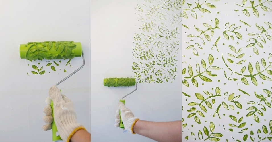 Passe o rolo sobre a parede em áreas de um metro quadrado. Antes de iniciar uma nova etapa da pintura, reaplique a tinta na ferramenta como o mostrado anteriormente (foto 5). Se desejar, retoque as folhas individualmente com um pincel fino. É possível inverter o processo, passando sobre o acrílico, já seco, uma demão de gel colorido. E, então, com o rolo limpo "retirar" o gel, deixando o desenho dado pelo carimbo "vazio" sobressair - Junior Lago/ UOL