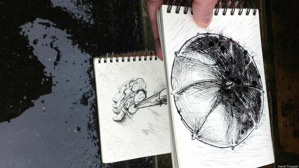 Um artista francês, David Troquier, faz sucesso na internet com fotos em que insere desenhos em lugares e cenas banais do cotidiano - David Troquier