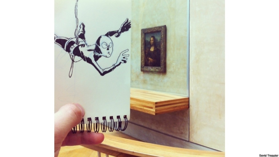 Um artista francês, David Troquier, faz sucesso na internet com fotos em que insere desenhos em lugares e cenas banais do cotidiano - David Troquier