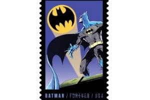 Imagem que pertence à série filatélica que será lançada nos Estados Unidos para comemorar os 75 anos de Batman. O super-herói aparecerá em uma edição limitada de selos a partir do próximo dia 9, revelou Mark Saunders, porta-voz do serviço dos correios americano. - Reprodução