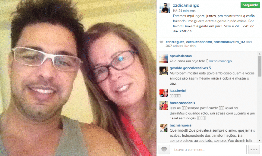 2.out.2014 - Zezé di Camargo e sua ex-mulher, Zilu, fazem posts iguais em suas respectivas contas do Instagram para provar que não existem guerra entre eles conforme tem sido especulado