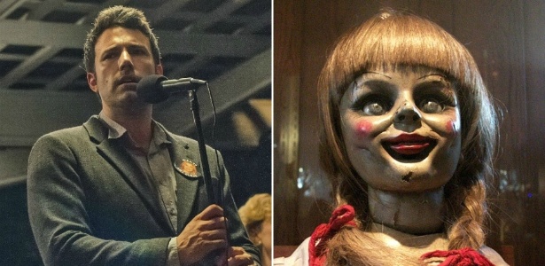 Ben Affleck (esq.) em cena de "Garota Exemplar" e a boneca do horror "Annabelle" - Divulgação