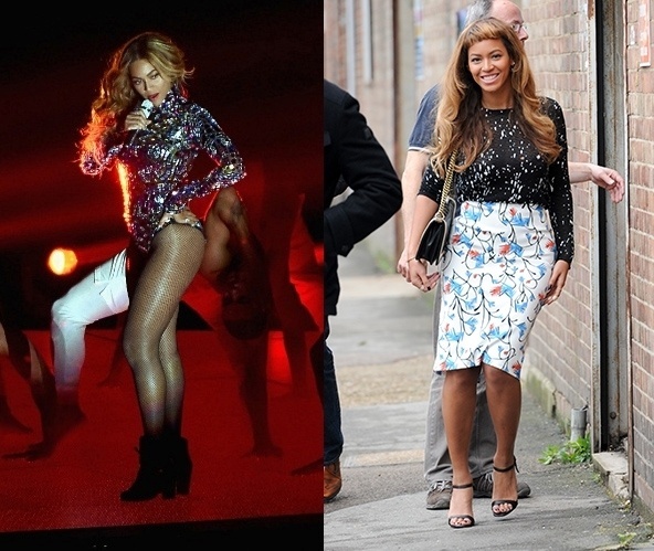 15.out.2014- Beyoncé adota visual com franja curta. À esquerda, a cantora aparece sem franja durante apresentação no encerramento no VMA 2014 em agosto e, à direita, ela é flagrada sorridente durante passeio em Londres com o novo corte de cabelo