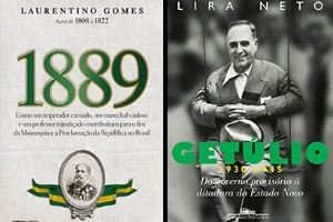 Capas dos livros "1889", de Laurentino Gomes, "GetĂșlio (1930-1945)", de Lira Neto, e "Reprodução", de Bernardo Carvalho, vencedores do prĂȘmio Jabuti - Reprodução
