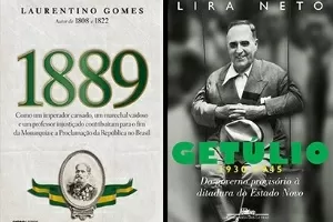 Capas dos livros "1889", de Laurentino Gomes, "GetĂșlio (1930-1945)", de Lira Neto, e "Reprodução", de Bernardo Carvalho, vencedores do prĂȘmio Jabuti - Reprodução