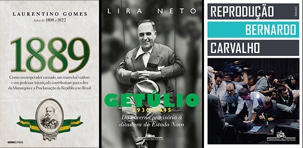 Capas dos livros "1889", de Laurentino Gomes, "Getúlio (1930-1945)", de Lira Neto, e "Reprodução", de Bernardo Carvalho, vencedores do prêmio Jabuti - Reprodução