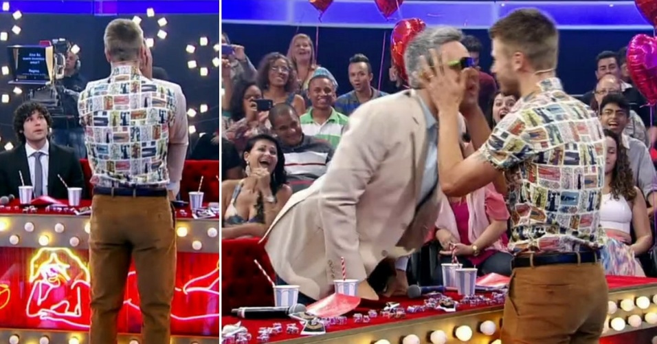 Otaviano Costa e Rodrigo Hilbert se beijam no palco do "Amor & Sexo"