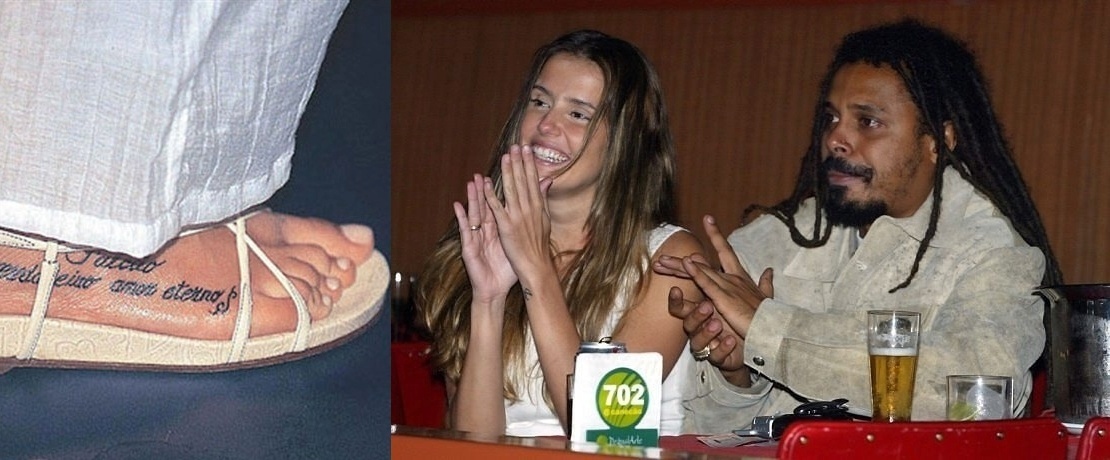 Deborah Secco começou a namorar Falcão, vocalista da banda "O Rappa", em 2004. A paixão foi tão intensa que a atriz fez uma tatuagem no pé em homenagem ao amado. O romance acabou em 2006 e ela apagou o desenho com sessões de laser - Ag. News e Reprodução