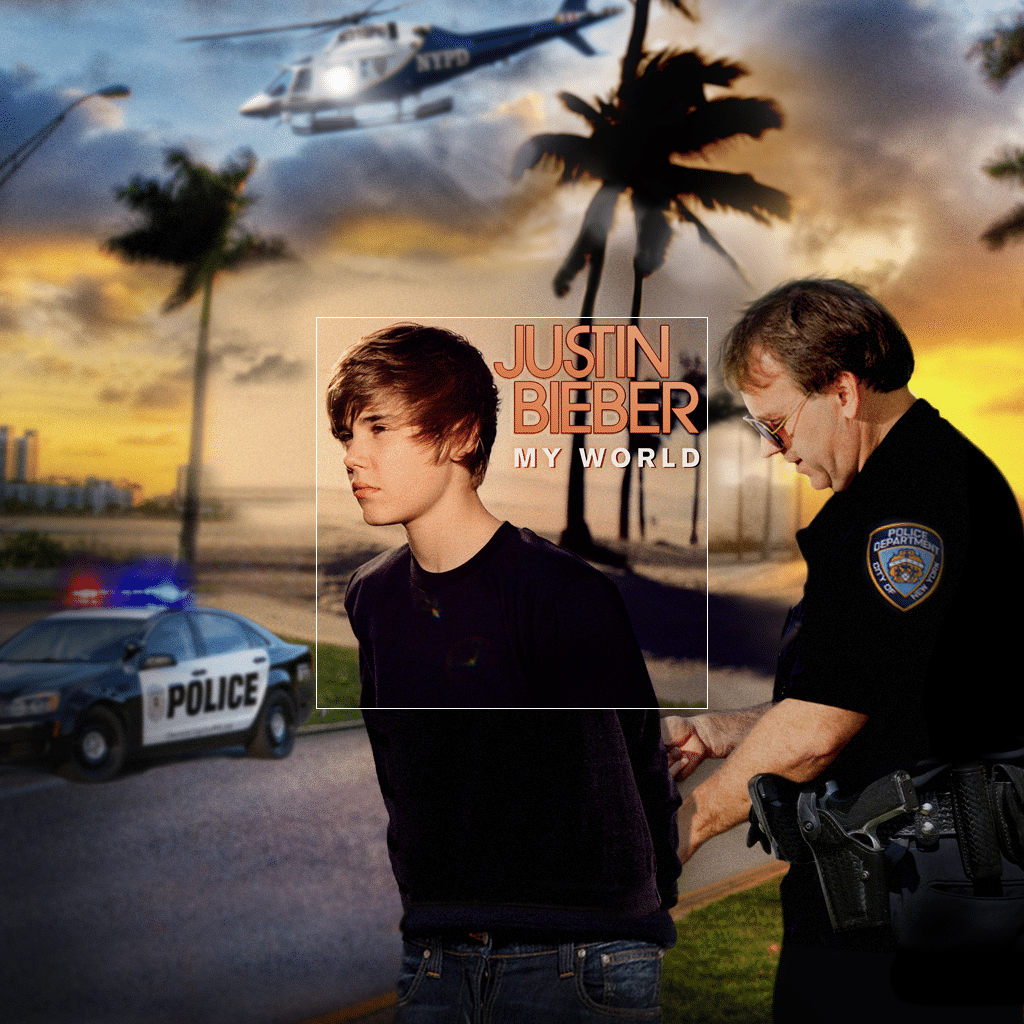 Capa de "Justin Bieber, My World" (2010) "ampliada" pela empresa Amplitude, que imagina o que acontece em torno das imagens de capas icônicas da música - Reprodução