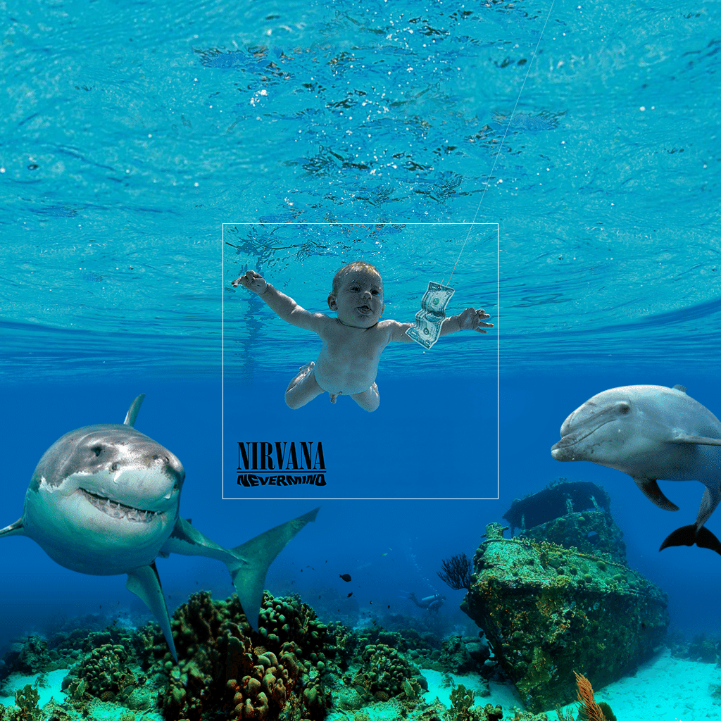 Capa de "Nevermind" (1991), do Nirvana, "ampliada" pela empresa Amplitude, que imagina o que acontece em torno das imagens de capas icônicas da música - Reprodução