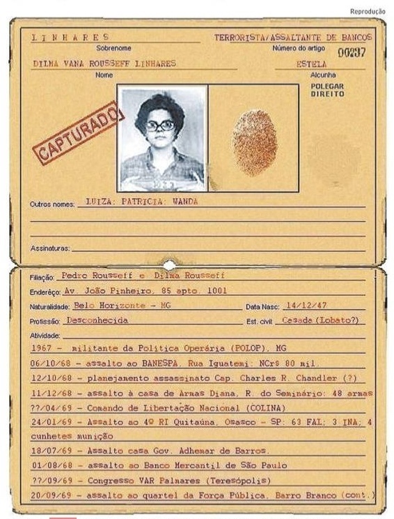 Em abril de 2009, a Folha de S.Paulo publicou uma suposta ficha de Dilma Rousseff produzida pelo Departamento de Ordem Política e Social (Dops); a veracidade do documento não foi comprovada - Reprodução/Folha de S.Paulo