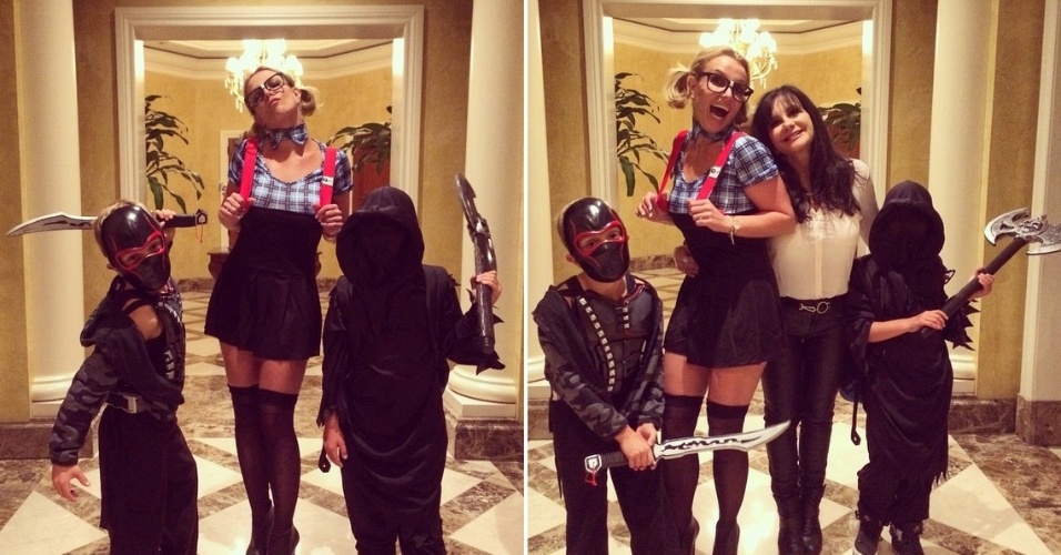 31.out.2014 - Britney Spears se veste de estudante sexy para se divertir com os filhos Jayden e Sean nesta-feira de Halloween