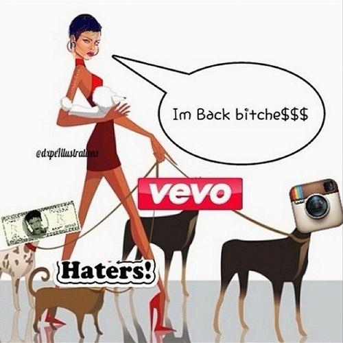 2.nov.2014 - Rihanna volta ao Instagram e publica montagem divertida em que se lia "I'm back, bitches" ("estou de volta, vadias", em português)