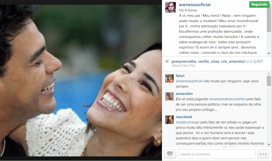 12.nov.2014 - Wanessa se declara para seu pai, Zezé di Camargo, em um post no Instagram na madrugada desta quarta-feira