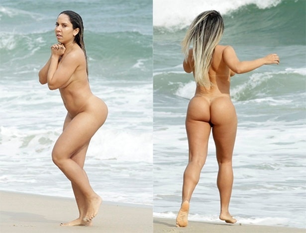 12.nov.2014- Mulher Melão toma banho de mar nua na praia naturista de Abric...