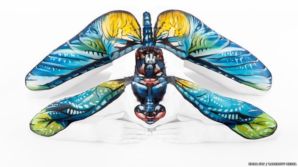 À primeira vista, esta pode parecer a imagem de uma libélula. Mas um olhar cuidadoso revela que se trata, na verdade, de uma mulher - cujo corpo foi pintado de forma a parecer um inseto. O trabalho foi feito pela artista Emma Fay - Emma Fay/Barcroft Media