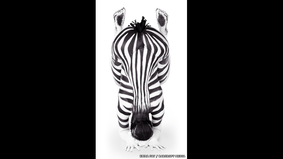 Fay usa sua experiência em teatro e maquiagem para criar ilusões de ótica. Aqui um corpo humano foi pintado de forma a parecer a cabeça de uma zebra - Emma Fay/Barcroft Media