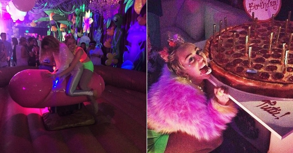 23.nov.2014 - Com direito a fantasia, bolo em formato de pizza gigante, Miley Cyrus também teve um touro mecânico em formato de pênis em sua festa de 22 anos