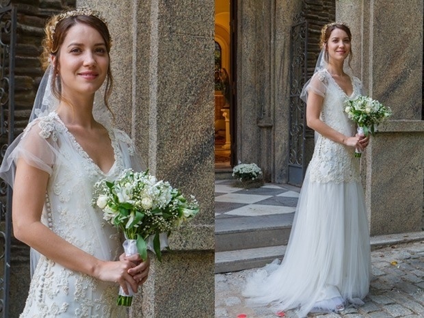 A atriz Nathalia Dill usou um vestido de noiva para gravar cenas do casamento de Laura com Marcos