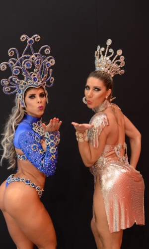 As irmãs Minerato, Ana Paula e Tatiane, da Gaviões da Fiel, gravam vinheta de Carnaval da TV Globo