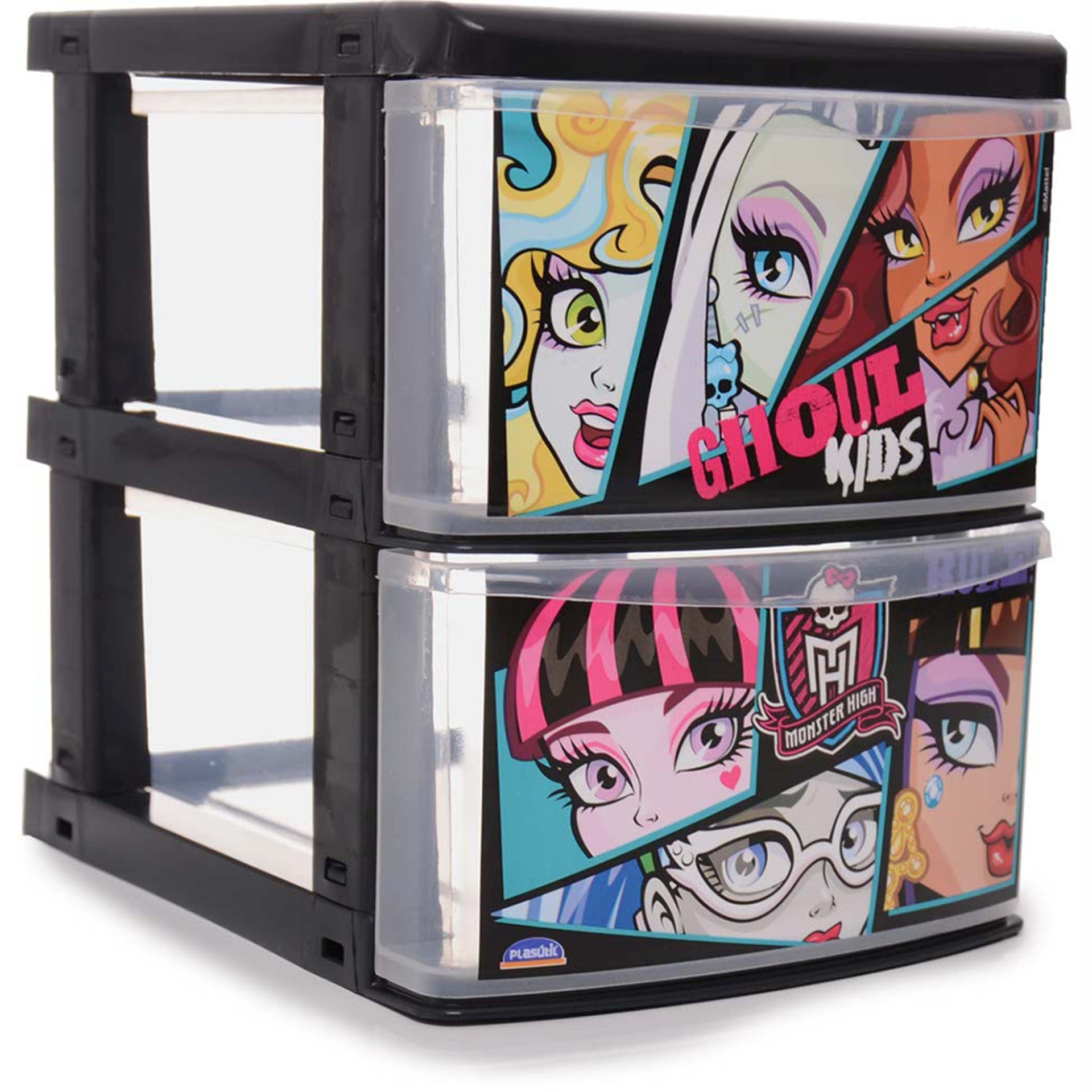 álbum com organizadores para brinquedos | Gaveteiro decorado com personagens do desenho "Monster High". A peça possui as seguintes medidas 24,6 cm x 17,1 cm x 21,5 cm e duas gavetas. Feito de plástico resistente, segundo o fabricante a peça não desbota com o tempo. Da Plasútil, vendido na Tricae (www.tricae.com.br). R$ 36,01 - Divulgação