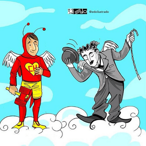 O cartunista venezuelano Eduardo Sanabria retrata o encontro de Chapolim e Carlitos, personagem do ator Charles Chaplin, se encontram no céu