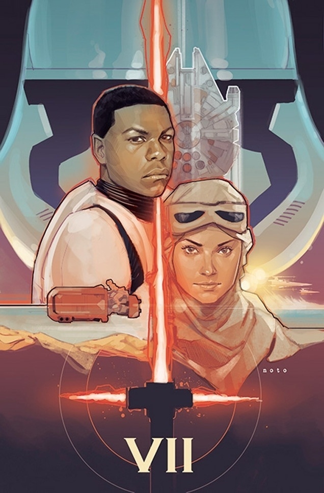 Pôster de "Star Wars 7" criado pelo fã Phil Noto mostra os atores John Boyega e Daisy Ridley dividindo espaço com o novo sabre de luz - Phil Noto/Twitter/Reprodução