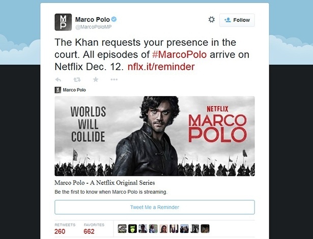 Print de tuíte da conta oficial da série "Marco Polo", com o botão Tweet Me a Reminder