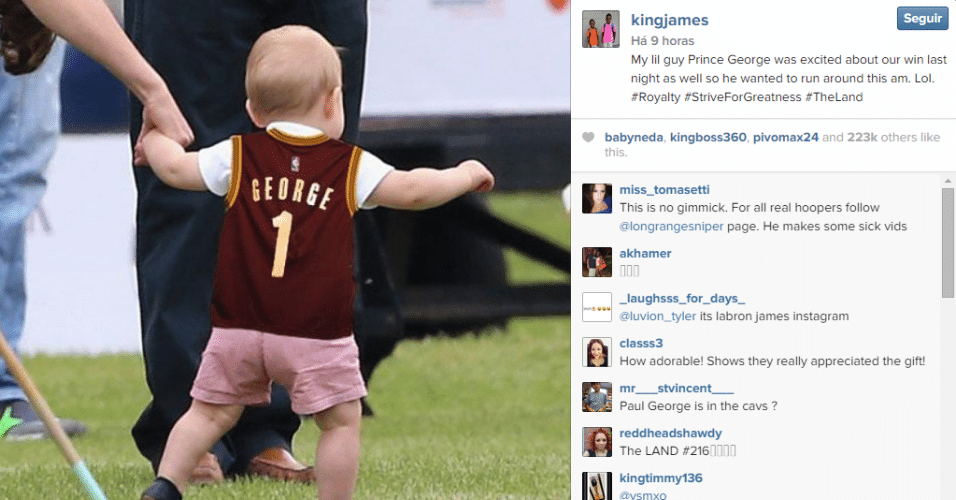 10.dez.2014 - Orgulhoso, o jogador de basquete LeBron James postou uma foto na qual o pequeno príncipe George aparece usando uma camisa personalizada presentada por ele