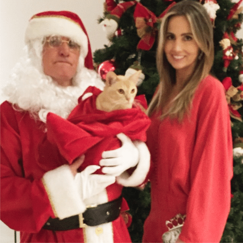 12.dez.2014 - Otavio Mesquita se veste de Papai Noel e coloca um gato dentro de um saco