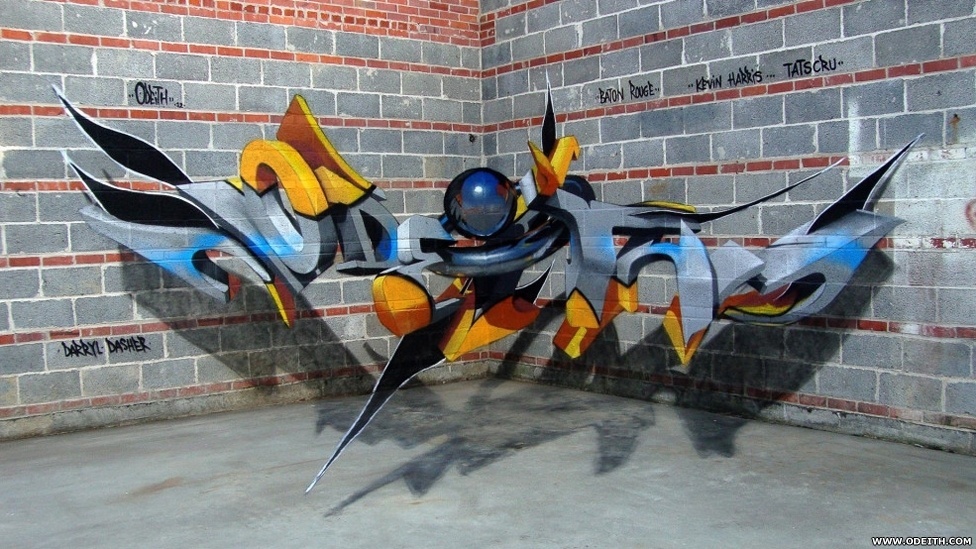 O pintor e muralista português Odeith combina diversas técnicas de pintura e instalação artística para criar grafites tridimensionais que parecem saltar das paredes. "Este foi feito dentro do Museu de Arte Pública em Baton Rouge, na Louisiana (Estados Unidos), e foi minha primeira obra feita sobre o tijolo cru", explica o artista - BBC