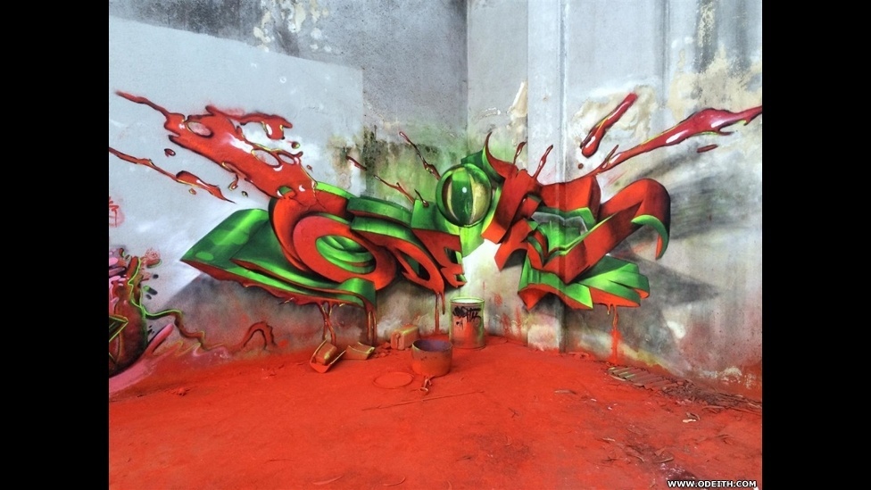 O pintor e muralista português Odeith combina diversas técnicas de pintura e instalação artística para criar grafites tridimensionais que parecem saltar das paredes - BBC