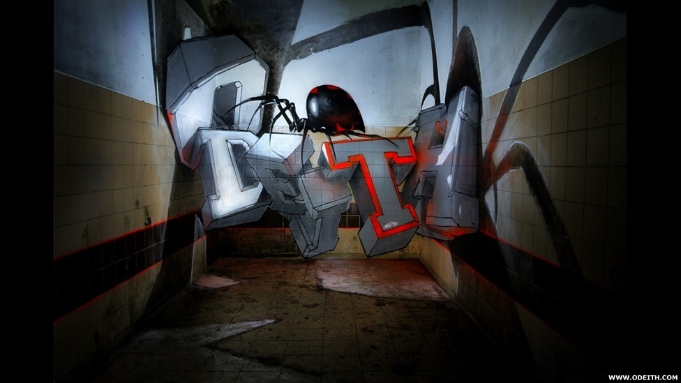 O pintor e muralista português Odeith combina diversas técnicas de pintura e instalação artística para criar grafites tridimensionais que parecem saltar das paredes. "Eu sempre quis pintar em mais de duas ou três paredes", diz Odeith. "Neste caso, é um quarto com cinco paredes e a Viúva Negra (a aranha) é o personagem matador" - BBC