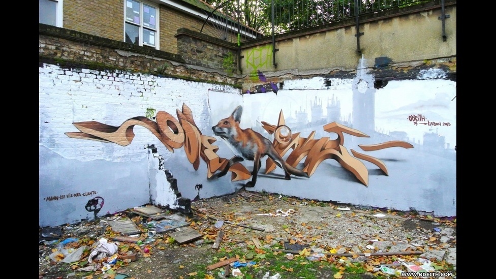 O pintor e muralista português Odeith combina diversas técnicas de pintura e instalação artística para criar grafites tridimensionais que parecem saltar das paredes. Odeith também fez um mural em Brick Lane, em Londres, depois de assistir a um programa de TV sobre o controle da população de raposas em áreas urbanas - BBC