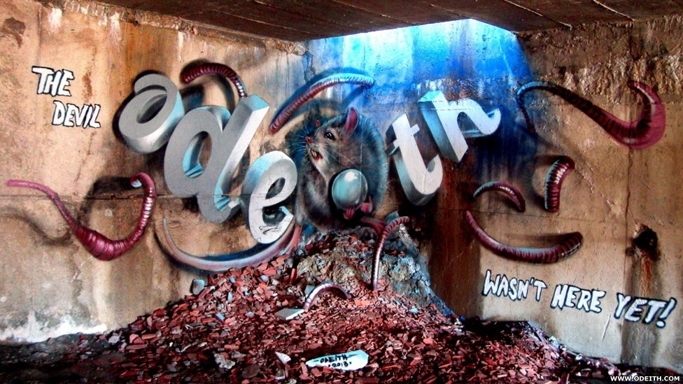 O pintor e muralista português Odeith combina diversas técnicas de pintura e instalação artística para criar grafites tridimensionais que parecem saltar das paredes - BBC