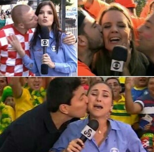Repórteres sendo beijadas por torcedores durante a Copa do Mundo