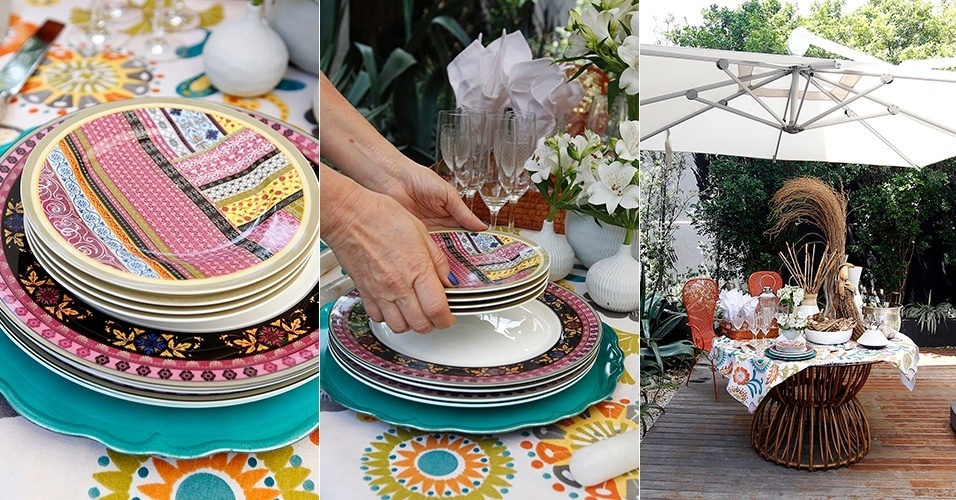 As louças podem ser as que você já têm. Se forem brancas, não há erro. Porém, é muito moderno misturar pratos, embora seja necessário observar certa coerência ao fazer a escolha dos itens. Combine matizes complementares ou mescle diferentes padronagens em uma mesma tonalidade: o resultado é certeiro! Se a mesa for pequena como a do nosso tutorial e os convidados ultrapassarem o número de assentos, crie a arrumação do móvel como em um aparador, assim os pratos podem ser empilhados - Reinaldo Canato/ UOL