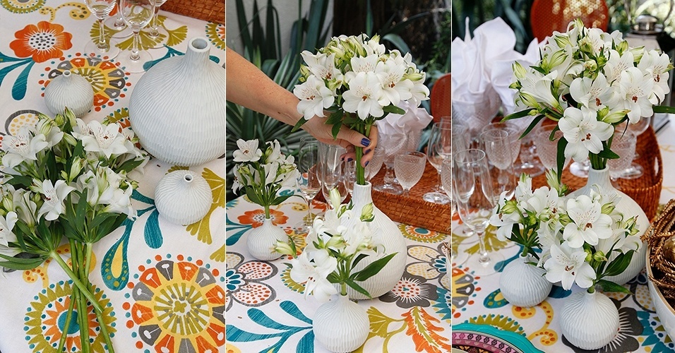 Flores sempre complementam bem a ambientação das festas, portanto, inclua-as em sua mesa de almoço. Uma sugestão é escolher vasinhos que combinem com as louças e montar arranjos em diferentes alturas. Como é Ano Novo, sugerimos flores brancas: neste exemplo, usamos as delicadas alstroemérias - Reinaldo Canato/ UOL