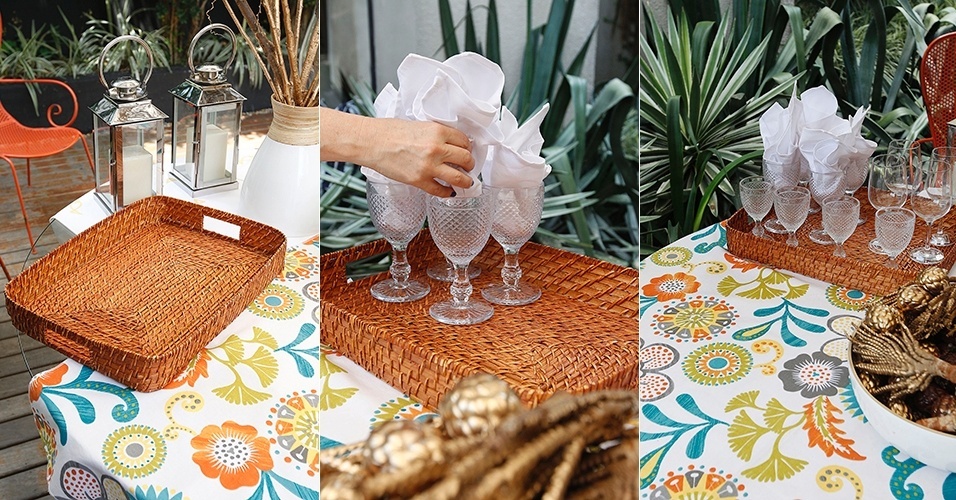 ... e usar uma bandeja para apoiar taças e copos e, assim, organizar por setores a mesa. Fica um charme. No exemplo foi escolhido um modelo de rattan, além de taças bico de jaca, com um ar retrô, e outras de vidro liso. Para dispor os guardanapos igualmente de forma inventiva, introduza peças de algodão em alguns copos - Reinaldo Canato/ UOL